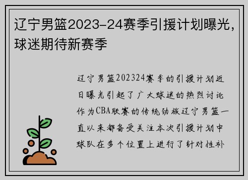 辽宁男篮2023-24赛季引援计划曝光，球迷期待新赛季